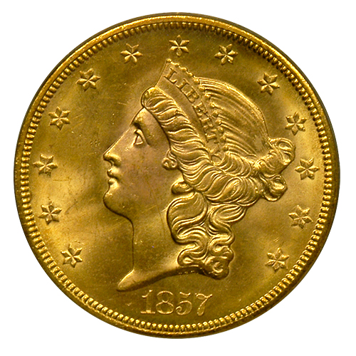 1857 S $20 Liberty Head Gold Coin MS-64 PCGS